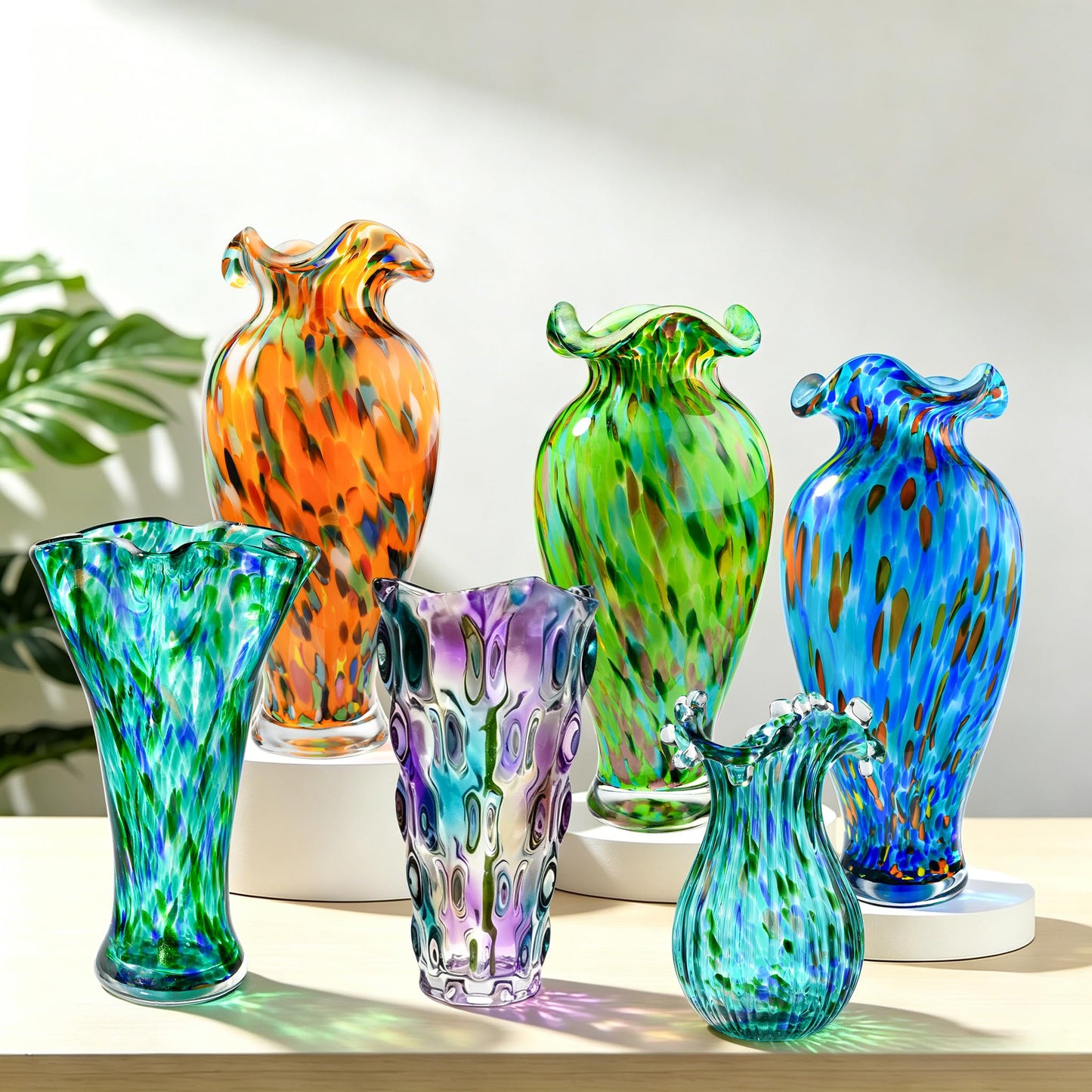 Hand Blown Glass Vase, 12 inch Tall Unique Emerald Green Crystal Flower Vase, Large Art Glass Home Table Centerpieces for Floral Bouquet Decorations
