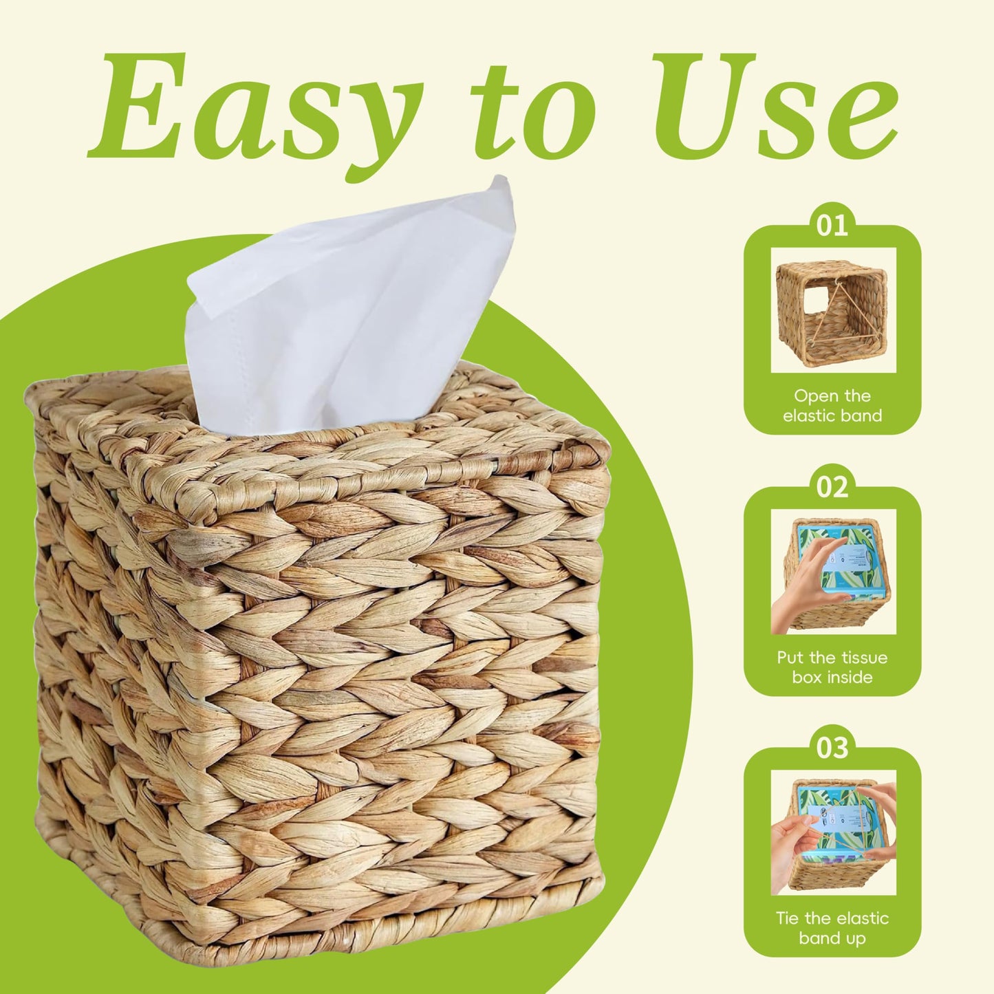Water Hyacinth Handwoven Tissue Box Cover, Square Decorative Tissue Holder, Natural Handmade Wicker Napkin Box Holder for Bathroom, Living Room, Bedroom, Boho Farmhouse Home Decor