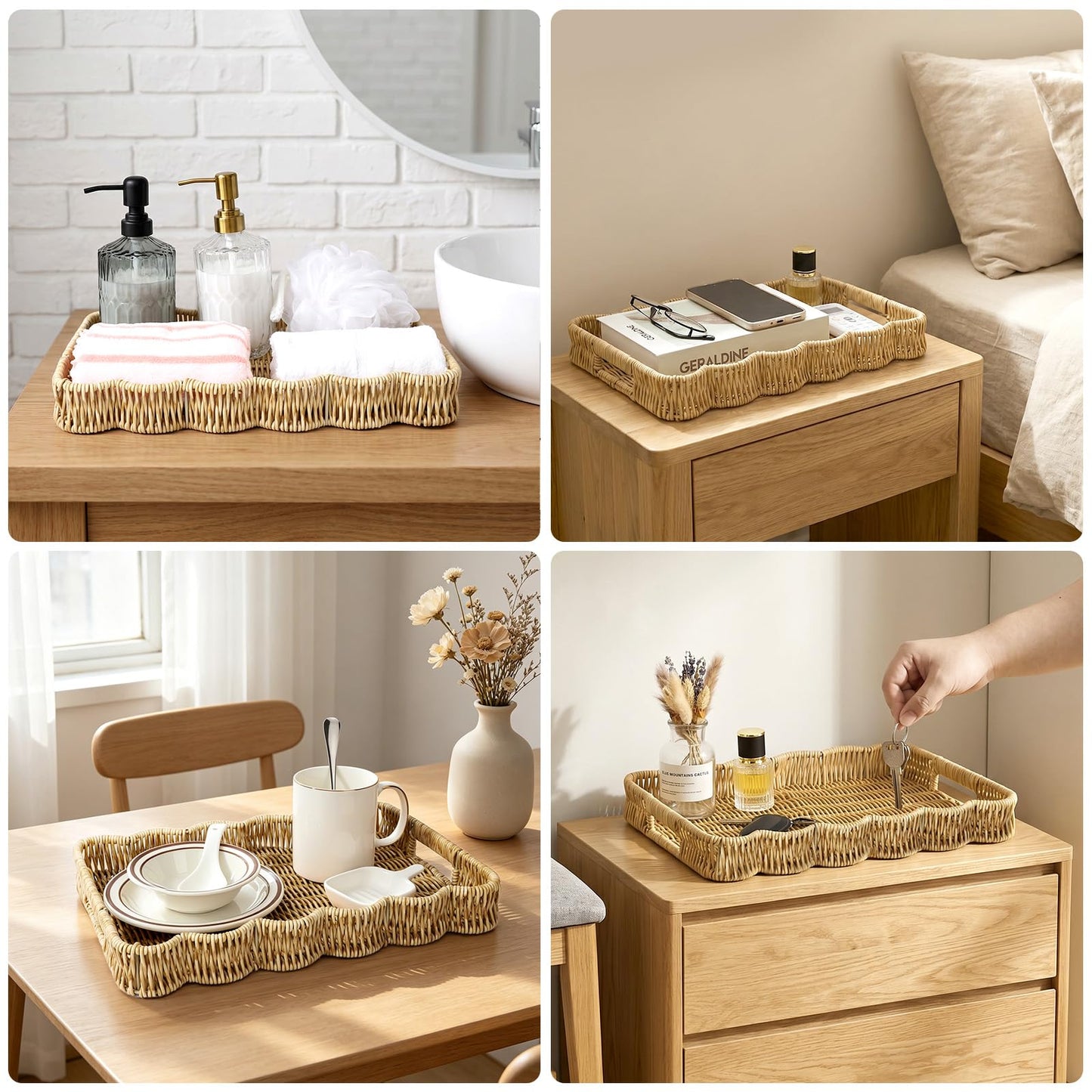 Segbeauty Plastic Serving Tray with Handles for Bathroom, 14x9.8x1.8in PP Rattan Rectangle Tray for Coffee Table, Faux Rattan Bedroom Vanity Basket Organizer, Decorative Towel Storage Wicker Basket
