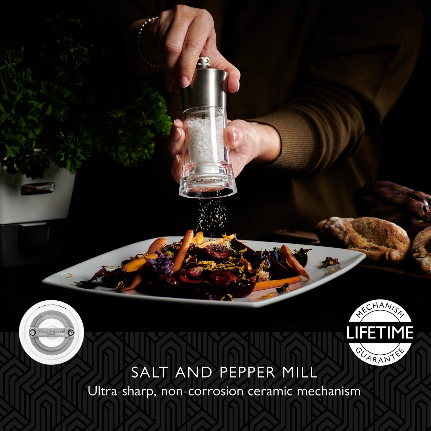 Cole & Mason Bromley Pepper Mill, Ceramic Mechanism with Adjustable Coarseness, Acrylic/Stainless Steel Pepper Grinder, 150mm, Lifetime Mechanism Guarantee