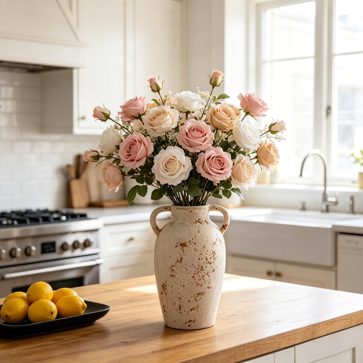 Terracotta Rustic Ceramic Vase with Handles, Washed Terra Cottar Decorative Pottery Flower Vase for Home Decor, Table, Living Room Decoration, Shelf Decor, Mantel, 9.5 Inch Vase
