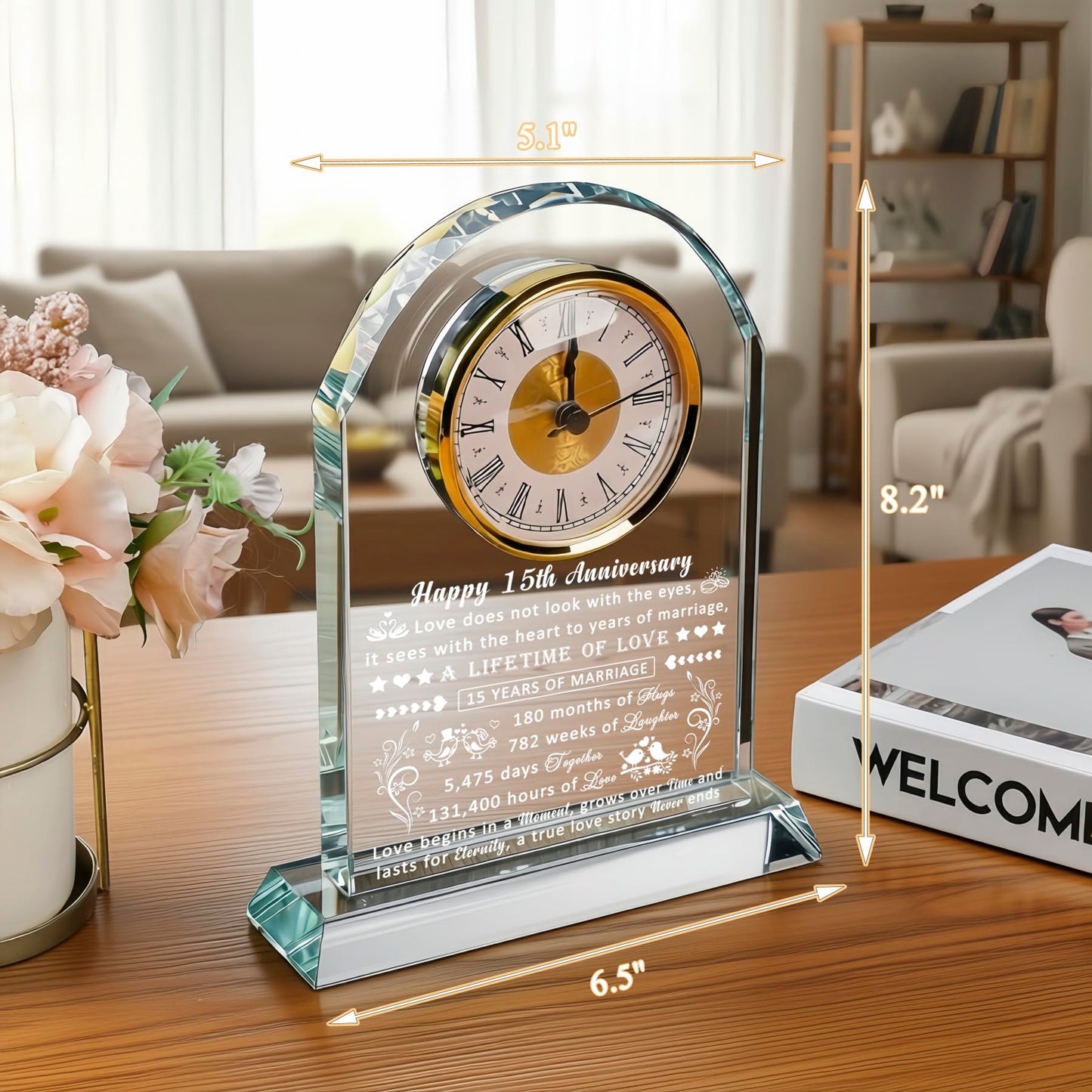 QIANRUNA 15 Year Anniversary Clock Gifts for Him Her, 15th Anniversary Romantic Gifts for Couple, 15 Year Crystal Anniversary Wedding Gifts for Wife Husband Women Men, 15 Years of Marriage Gifts