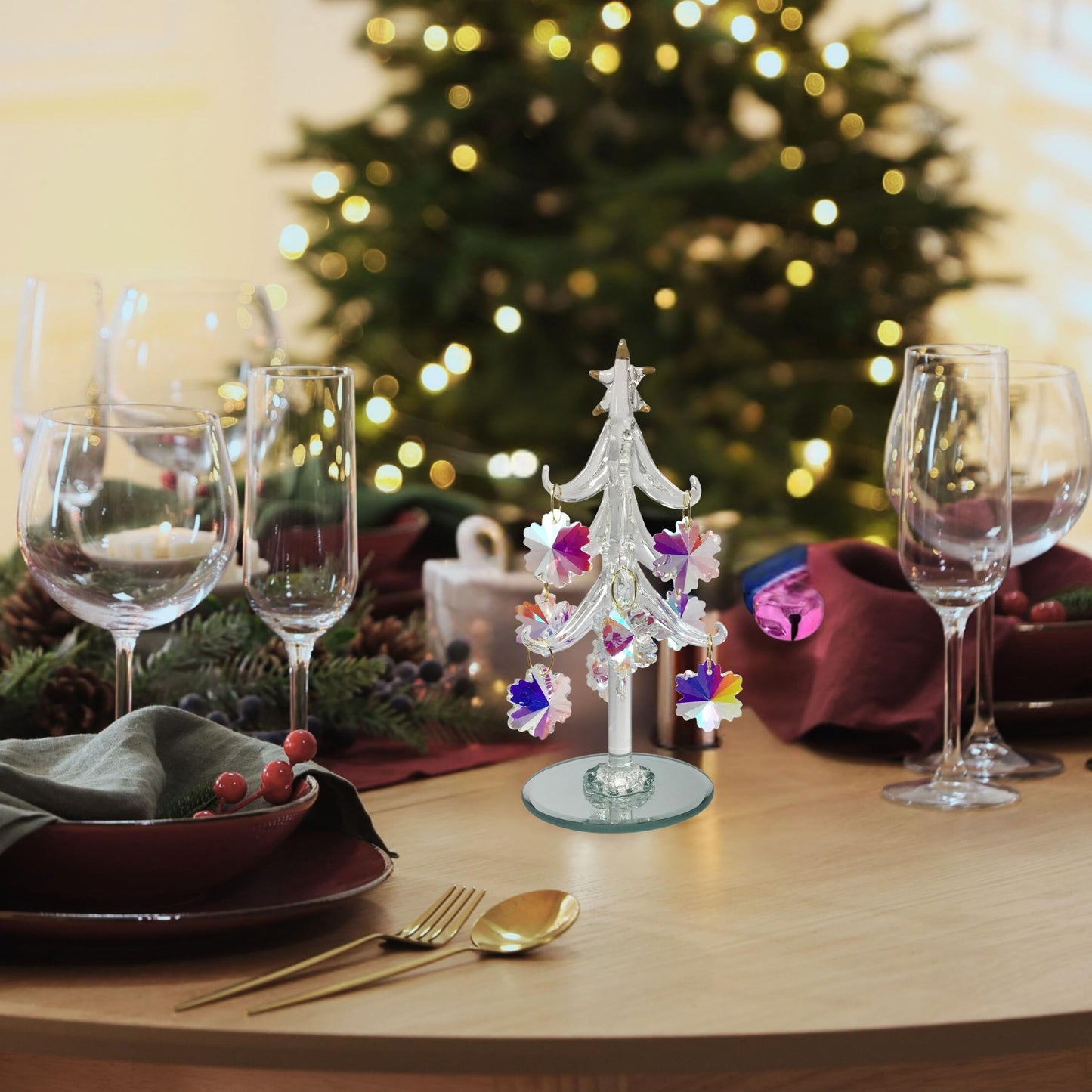 Tabletop Christmas Tree - Spun Glass with Gold Trimmed Star - Includes 9 Iridescent Crystal Snowflake Ornaments - Mirrored Base is 2 3/4" D - Tree is 6" H