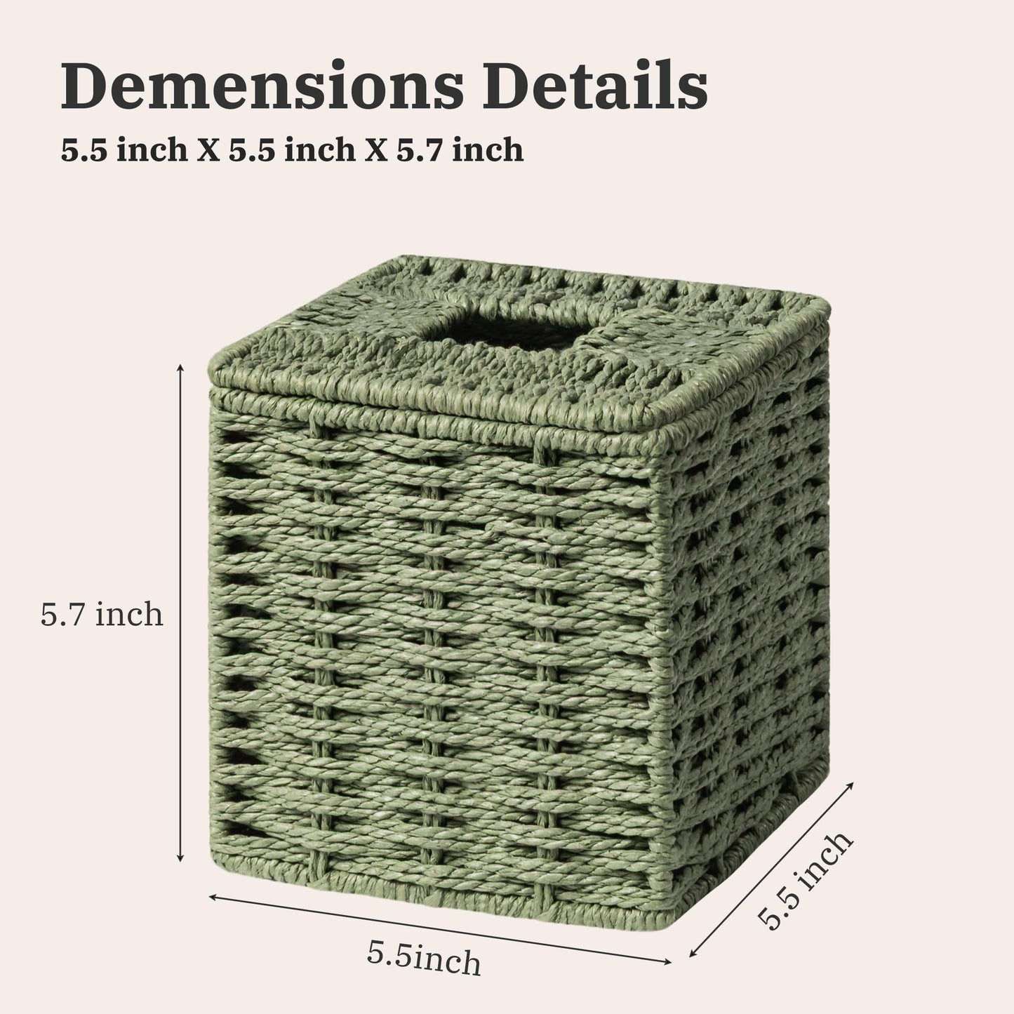 Sage Green Tissue Box Cover, Paper Rope Hand Woven Square Tissue Box Holder for Home Decor, Bathroom Countertop, Office, Bedside Table