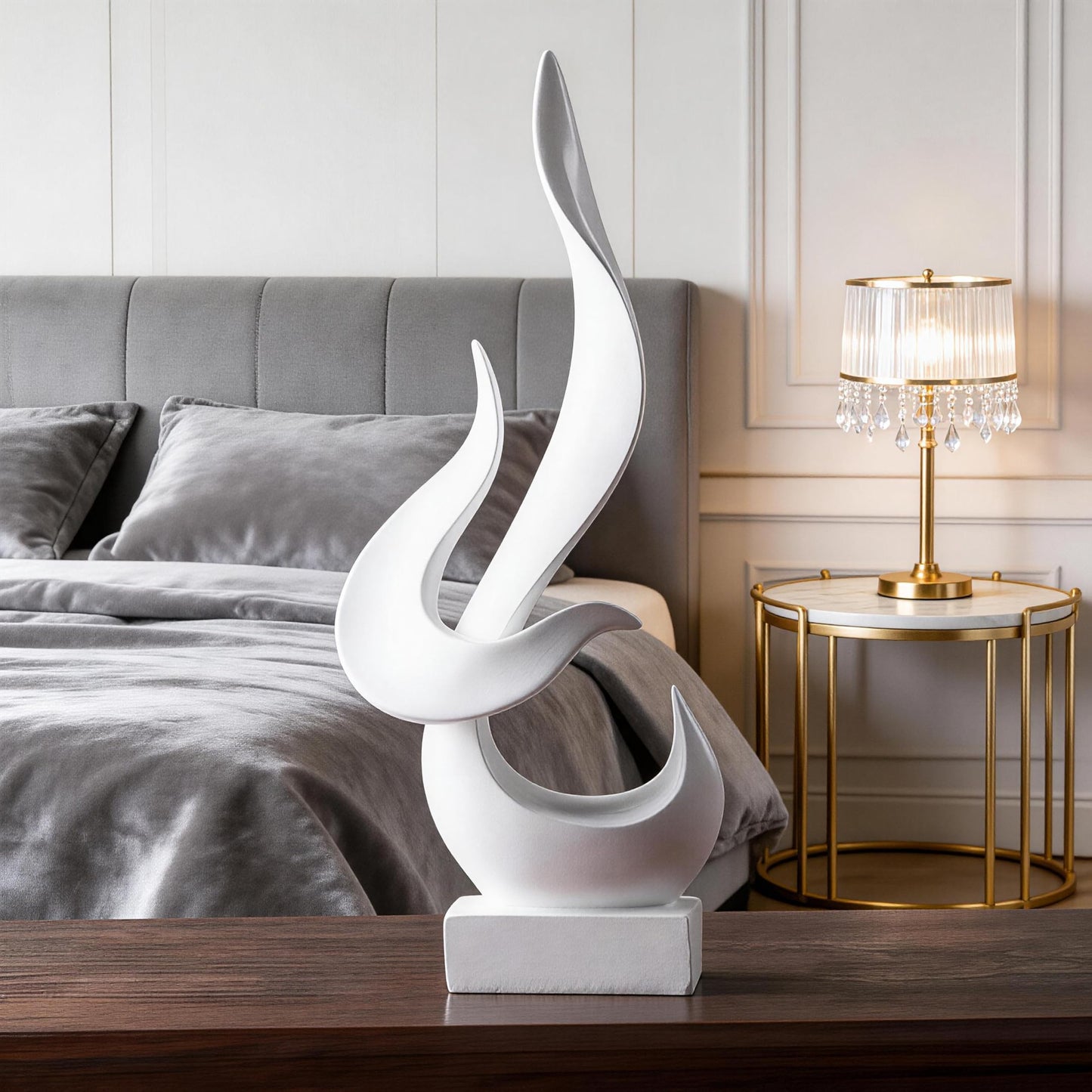 Abstract Flame-Shaped Resin Sculpture, Gold and Silver, Modern Decorative Figurine for Living Room, Bedroom, Entryway (White)