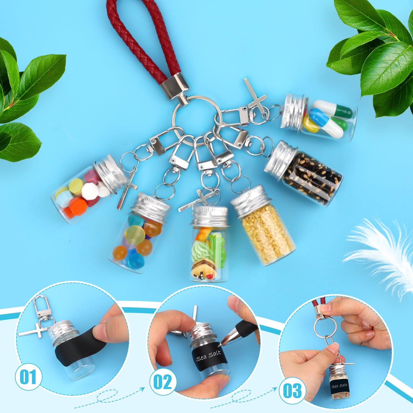 35 Pcs 7ml Small Glass Bottle Keychain Bulk with Leather Keyring Black Sticker, Mini Seasoning Bottles Metal Lid Tiny Glass Message Potion Bottles for DIY Wish Jars, Home & Travel Gifts