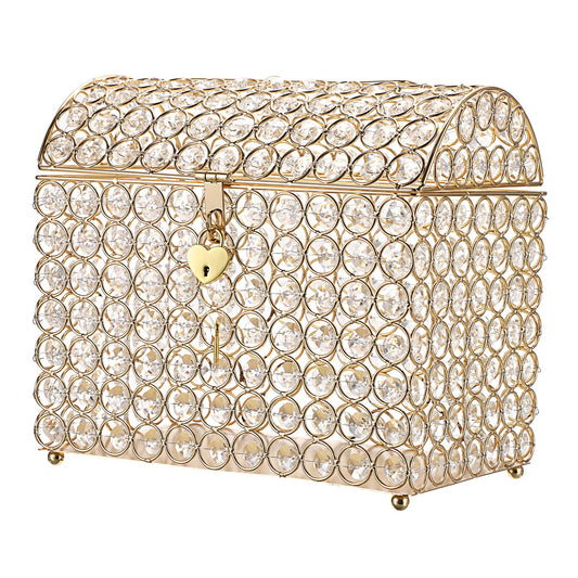ELLDOO Crystal Wedding Card Box with Heart Lock, Money Card Box Treasure Chest Style Gold Gift for Wedding Receptions Centerpiece Decor Anniversary Keepsake Gift Display Csae, Medium