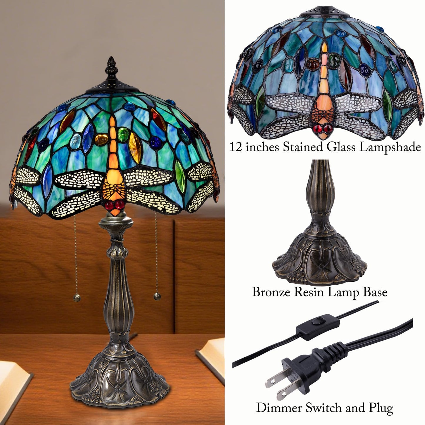 Radtiff Tiffany Table Lamp,12 inch Stained Glass Style Dragonfly Antique Reading Light for Bedside Living Room Office Decor Home,Included Two LED Bulb