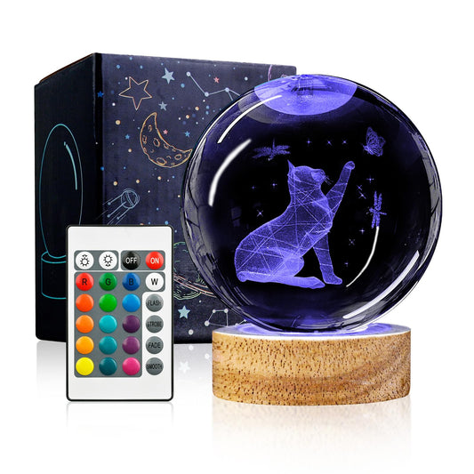 YYLZEPHB 3D Cat Crystal Ball Night Light with Woodern Base, 3.15" Cat Figurines Glass Lamp with 16 Colors Cat Snow Globes Cool Desk Decor Cat Gifts for Women Girl Cat Lovers Kids Friends