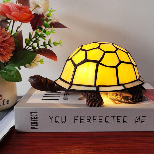 XPHMXP Cute Tortoise Lamp Cream Yellow Turtle Stained Glass Table Lamp Small Night Light Handmade Home Decoration Accent Gifts Light for Children Teenagers