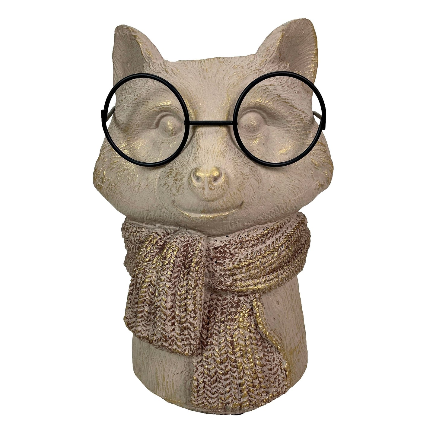 Bespectacled Fox Cement Vase 8.25 Inch – Gold Accents, Knit Textured Scarf, Real Wire Glasses, Whimsical Animal Decor, Distressed Taupe Planter for Indoor Plants, Unique Gift for Home or Office