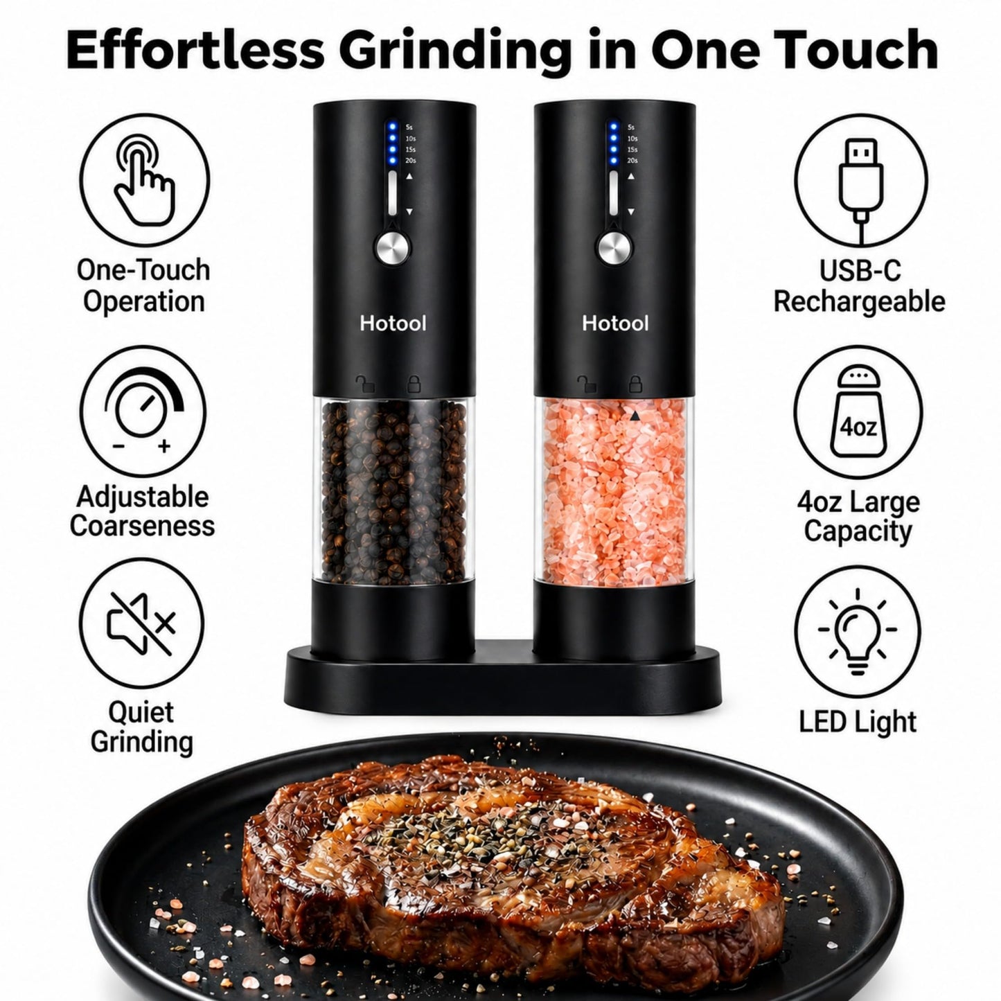 Hotool Electric Salt and Pepper Grinder Set - Rechargeable Salt and Pepper Shakers with Base - Adjustable Coarseness Salt Grinder - Kitchen Gadgets, Gifts for Mom, Dad, Women, Men, Sister, Grandpa