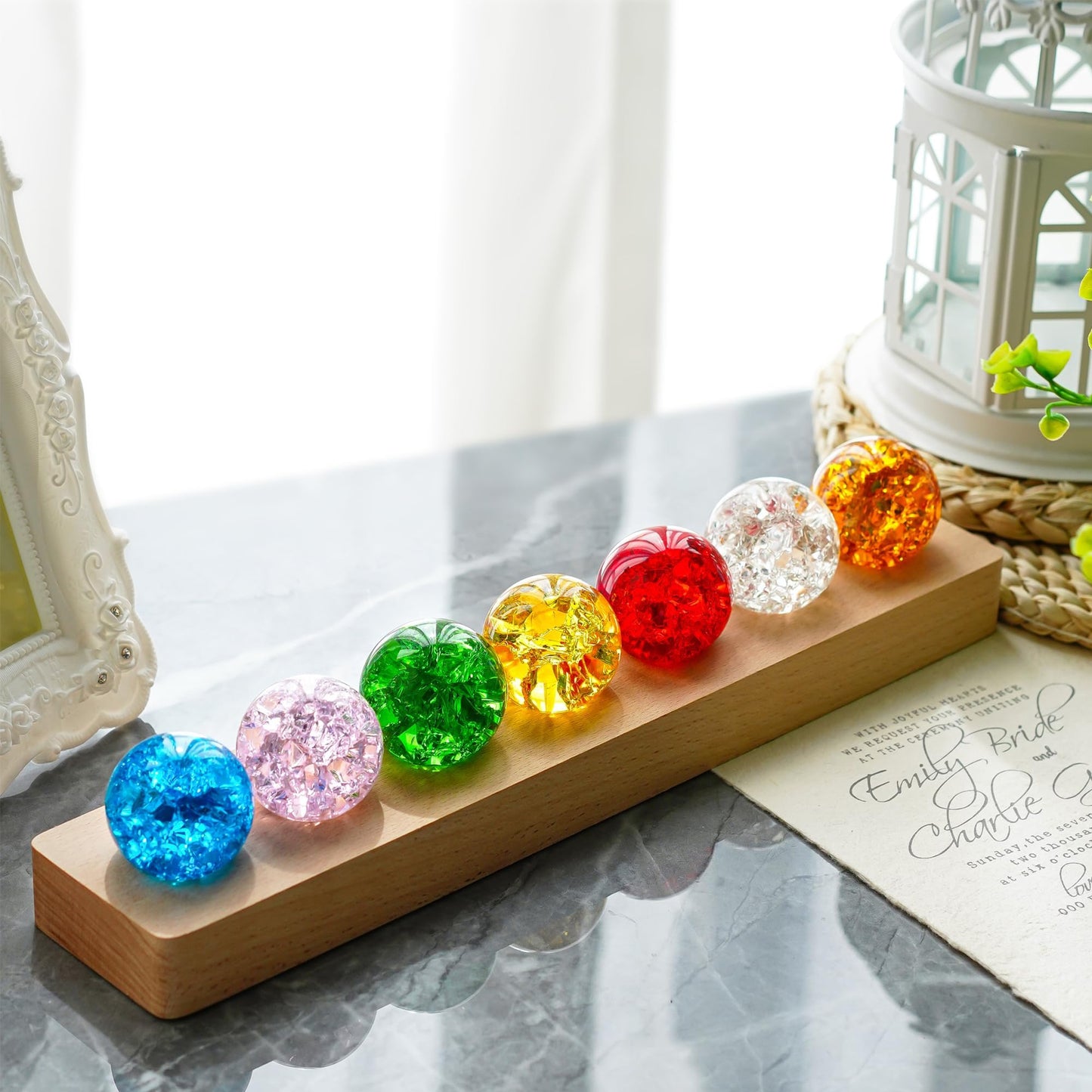 YU FENG 7 Chakra Crystal Ball Set with LED Wooden Stand, 40mm Rainbow Ice Crack Healing Spheres, Crystal Quartz Stones for Meditation, Positive Energy, Night Light and Home Decor