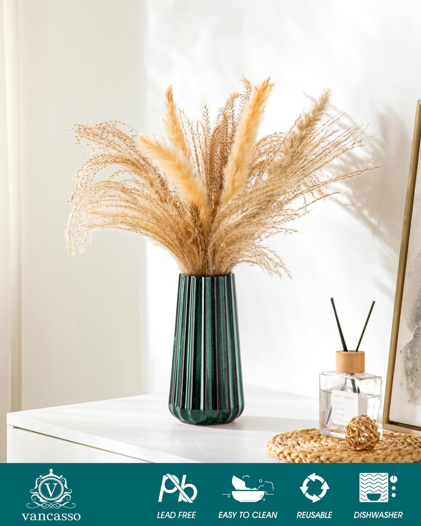 vancasso Ceramic Vase, 7.8 Inch Modern Ribbed Glossy Decorative Vase, Flower vase for Home Decor, Living Room, Bedroom, Office Decor, Green