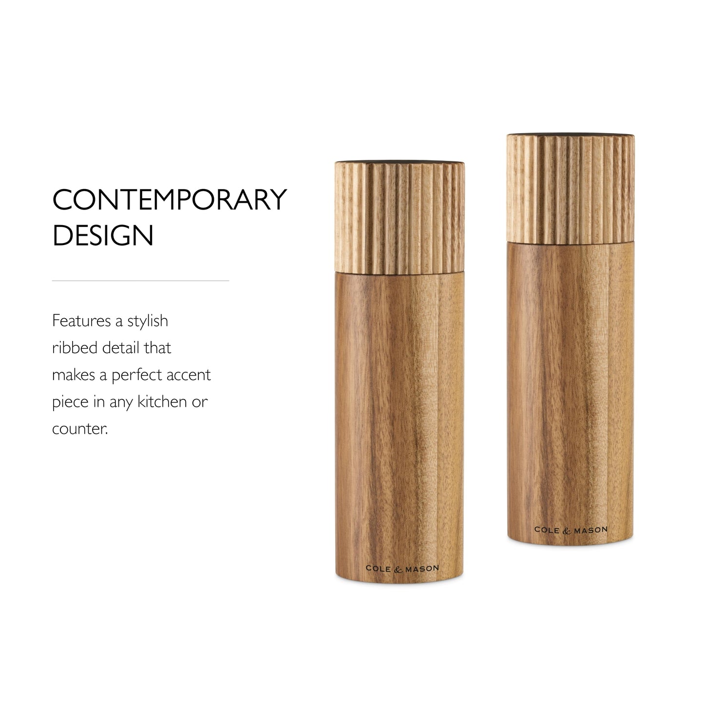 Cole & Mason 7" Galloway Ribbed Acacia Gift Set - Kitchen Mills with Adjustable Grinding - Flavor-Enhancing Grinder Set - Salt & Pepper Mills for Smooth Grind Experience