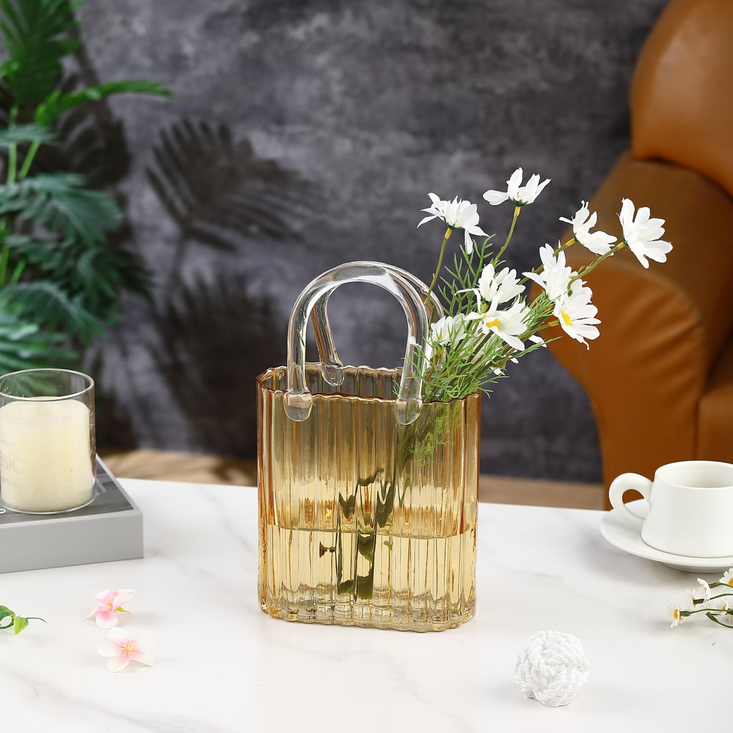 PORPAN Purse Vase, Glass Bag Vase, Glass Purse Vase for Flowers, Amber Glass Vase, 11.2 Inch Large Glass Flower Vases, Ribbed Vases for Wedding, Living Room, Bedroom, Table, Office