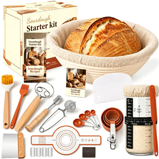 Sourdough Starter Kit, Sourdough Bread Baking Supplies, Banneton Bread Proofing Basket with Starter Jar, Dough Whisk, Scrapers, Recipe, Round Bread Proofing Basket, for Bread Baking