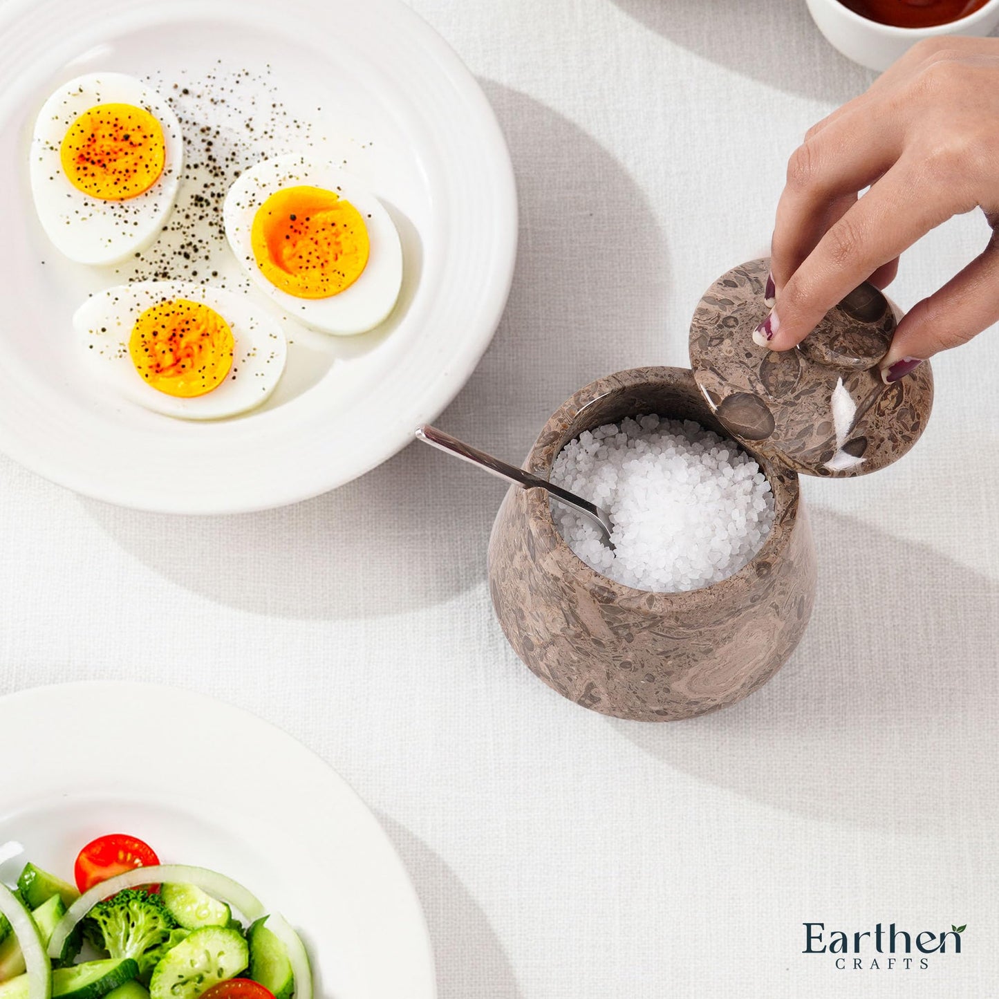 EARTHEN CRAFTS Marble Salt Cellar with Lid & Spoon Oceanic 4" Inch Seasoning & Spice Jar Salt Storage Container Salt Dish Salt Box 9.5 OZ, Coffee Holder for Kitchen Counter