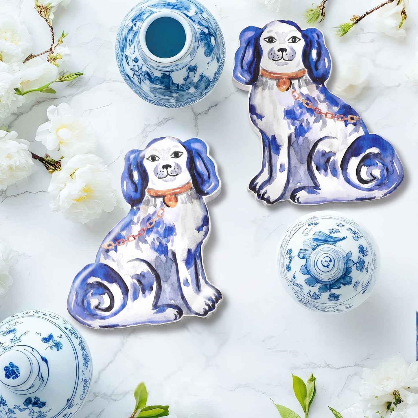 Summer Home Decor Blue and White Chinoiserie Blue and White Chinoiserie Staffordshire Dog Topiary Wooden Sign Small Figurines Rustic Tiered Tray Tabletop Centerpiece for Kitchen Mantel Shelf