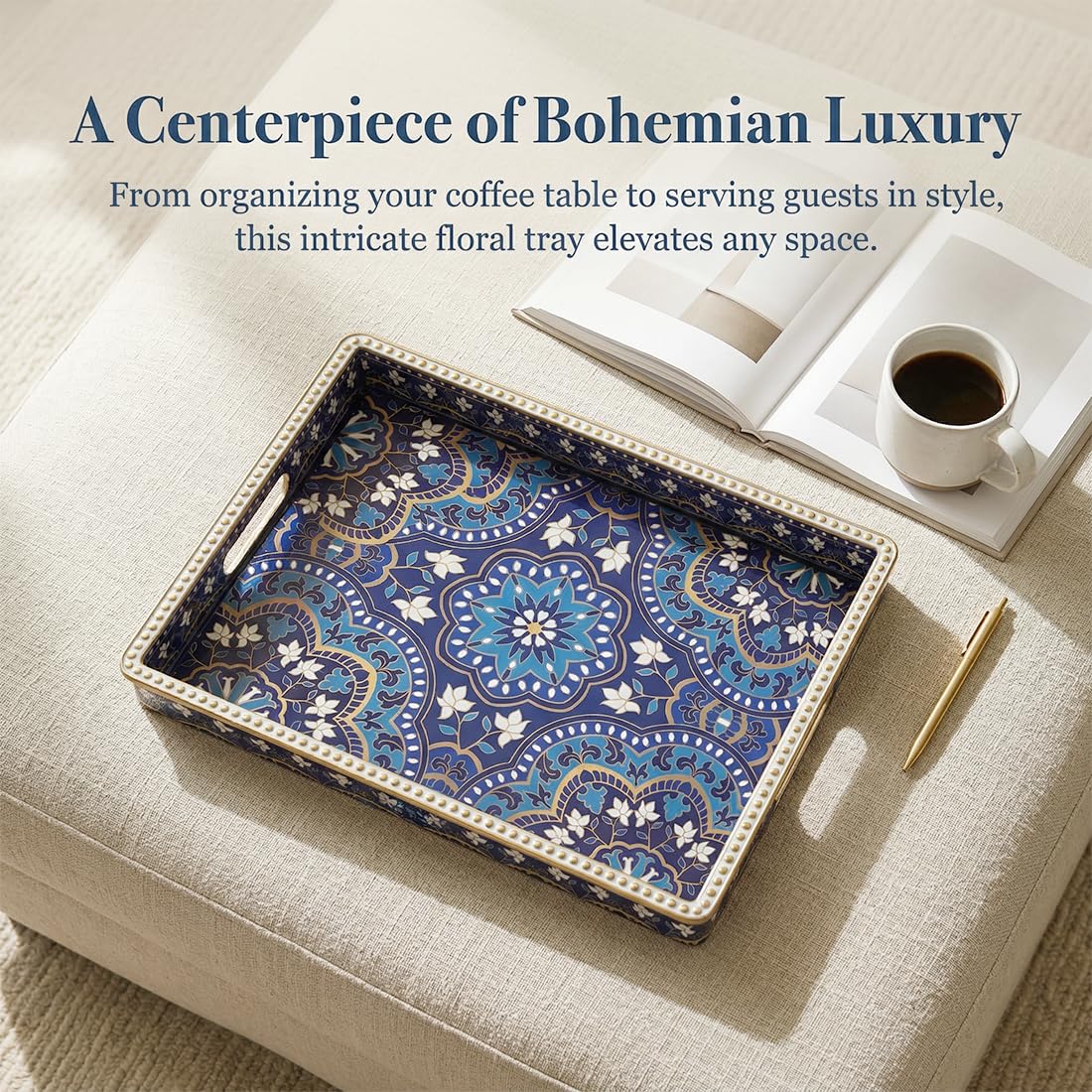UOEKCS Boho Serving Tray with Handles, Large Rectangular Decorative Ottoman Tray with Gold Beaded Rim, Blue Floral Mandala Design, for Coffee Table, Kitchen Counter, Vanity, 15.7”x11.8”