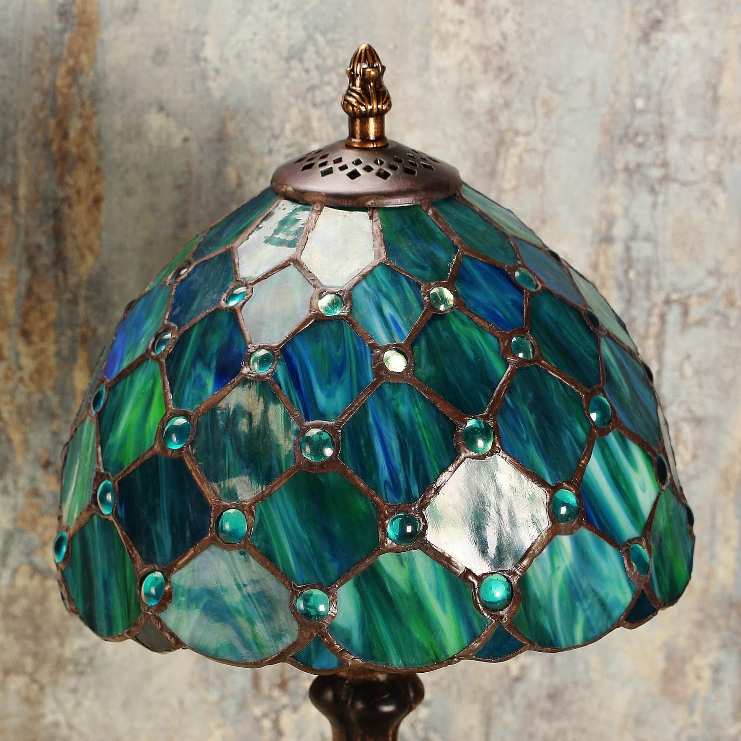 MIAOKE Stained Glass Table Lamp,Stained Glass Crystal Bead Style Table Light, Handmade Desk Bedside Night Light, Antique Art Craft Gifts Lover Living Room Bedroom Bookcase (Green Pearl)