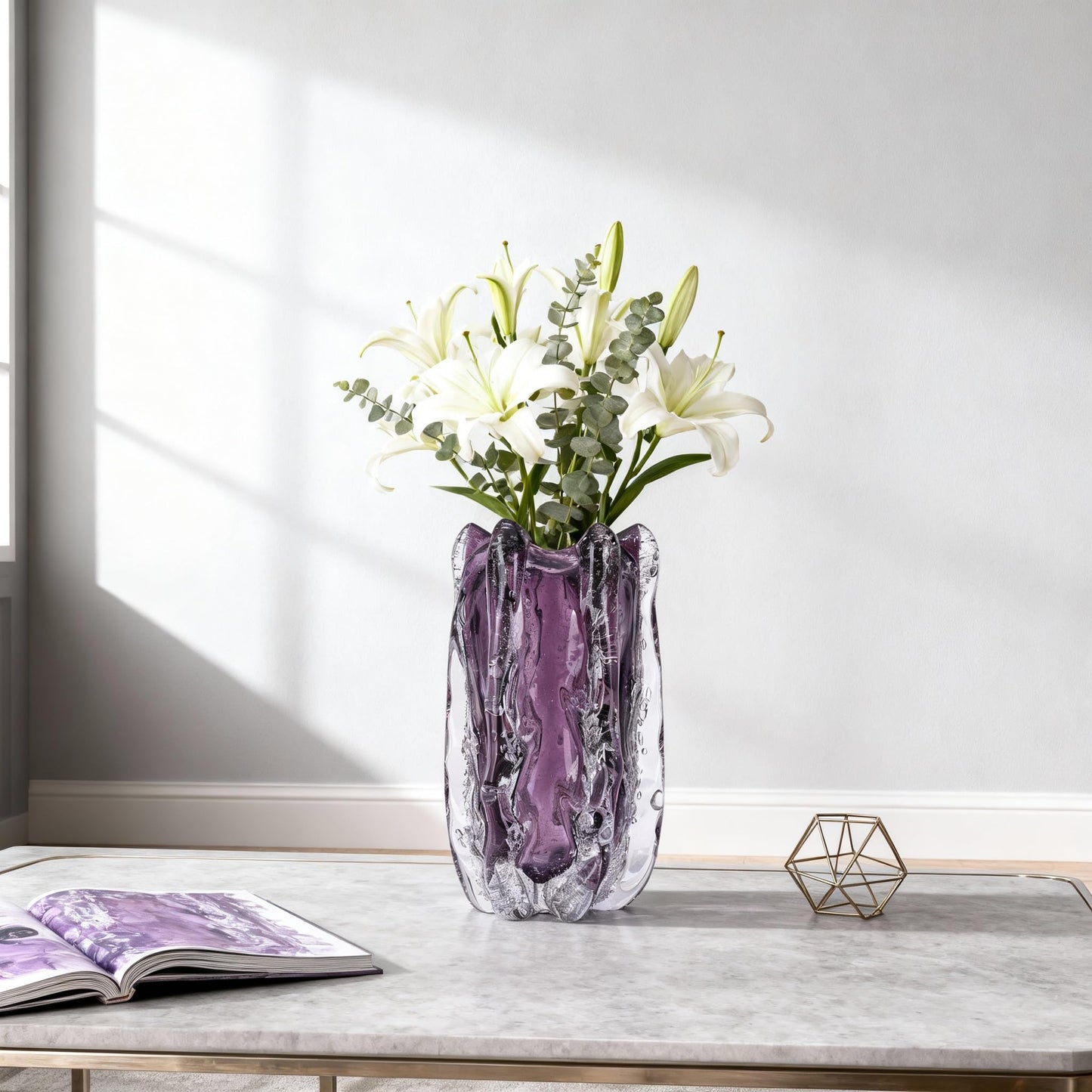 Hand-Blown Glass vase, Unique Wide-Mouth Glass vase, Modern Art Purple Decorative vase, Suitable for Office Spaces, Wedding venues, Living Room Coffee Tables, or as a Centerpiece on Dining Tables.
