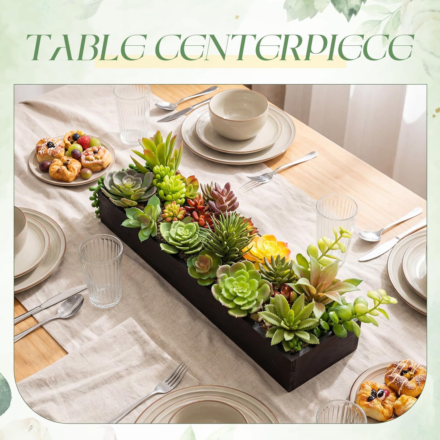 Canlierr Artificial Succulent Arrangement 16 Inch Faux Succulents Plants in Black Rectangular Wooden Pot Faux Potted Plants for Table Centerpiece Window Sill Greenery Decor