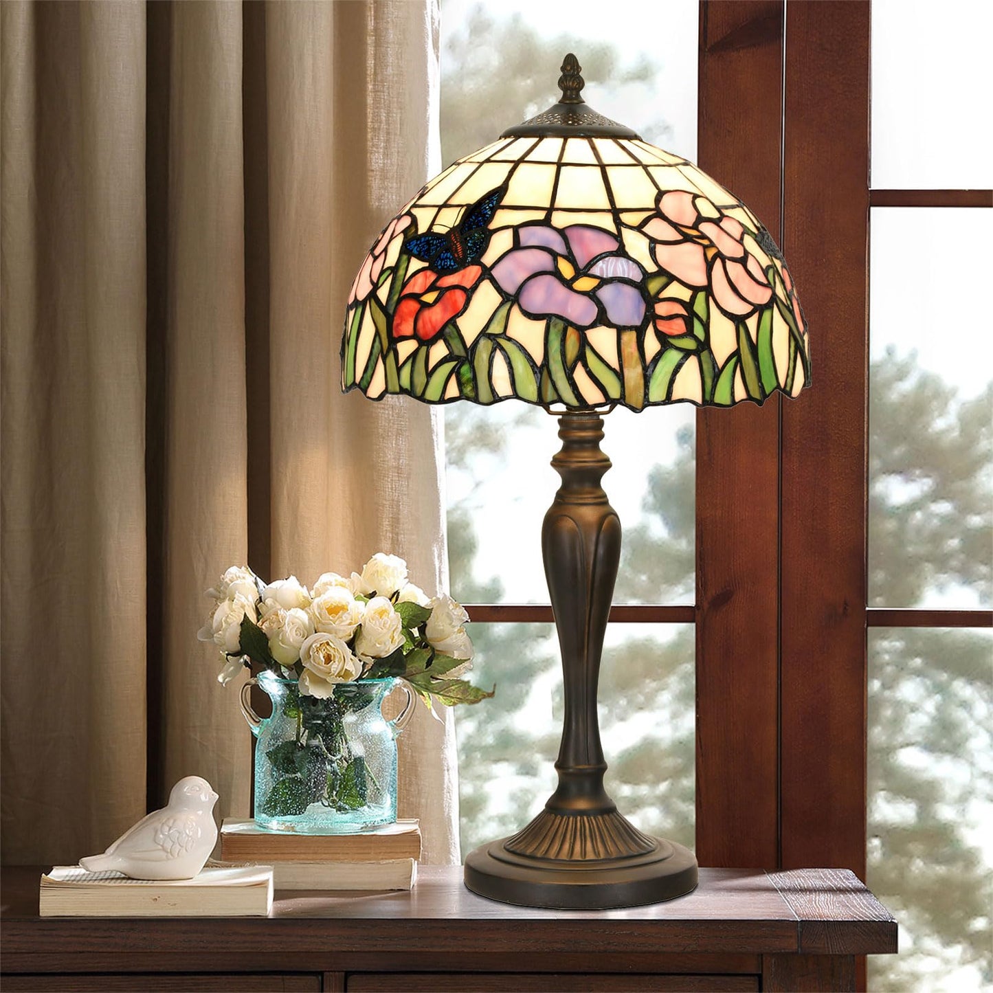 HomeBeauty TL0001 Tiffany Table Lamp Handmade Stained Glass Flowers Butterfly Design Lampshade Reading Desk Light 12X21.5 Inches for Bedroom Living Room Home Office,LED Bulb Included