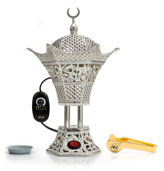 AM Regulator Electric Incense Burner – Adjustable Temperature and Timer Oud Burner for Bakhoor, Frankincense, Resin and Essential Oils - Safe Aromatherapy Burner for Home and Office (Silver)