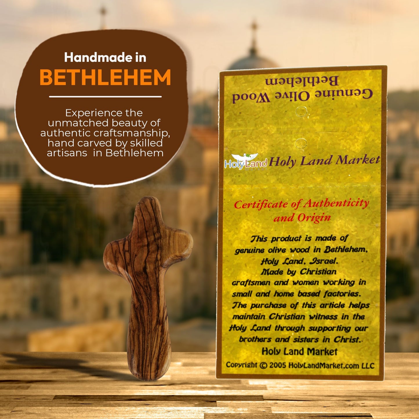 Holy Land Market Olive Wood Comfort Cross | Handmade Holding Cross from Bethlehem Palm Cross, Clinging Cross with Velvet Bag & 2 Certificates | 4 Inch x 6