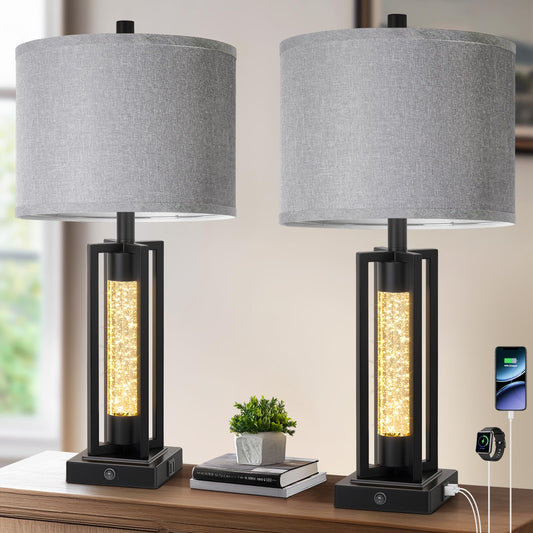 TOBUSA 26’’ Farmhouse Table Lamps for Living Room Set of 2, Modern Nightstand Lamps with Crystal Night Light & 2 USB Ports, Vintage Home Decor Black Bedside Lamps with Gray Linen Shade for Bedroom