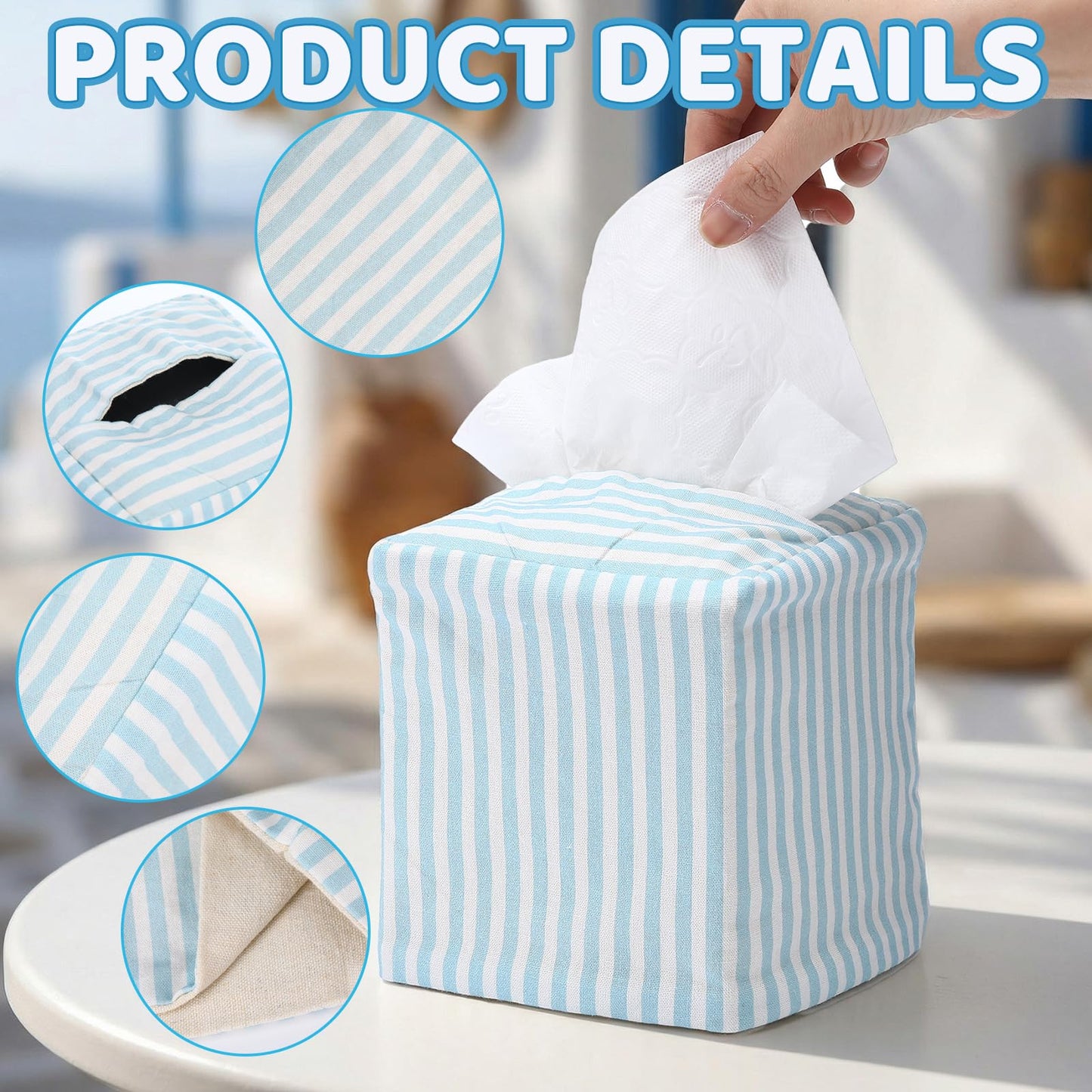 Potchen Tissue Box Cover Decorative Beach Square Napkin Holder Stylish Toilet Paper Storage Light Blue and White Stripe Tissue Box Cover for Summer Home Bedroom Living Room Bathroom Office Kitchen