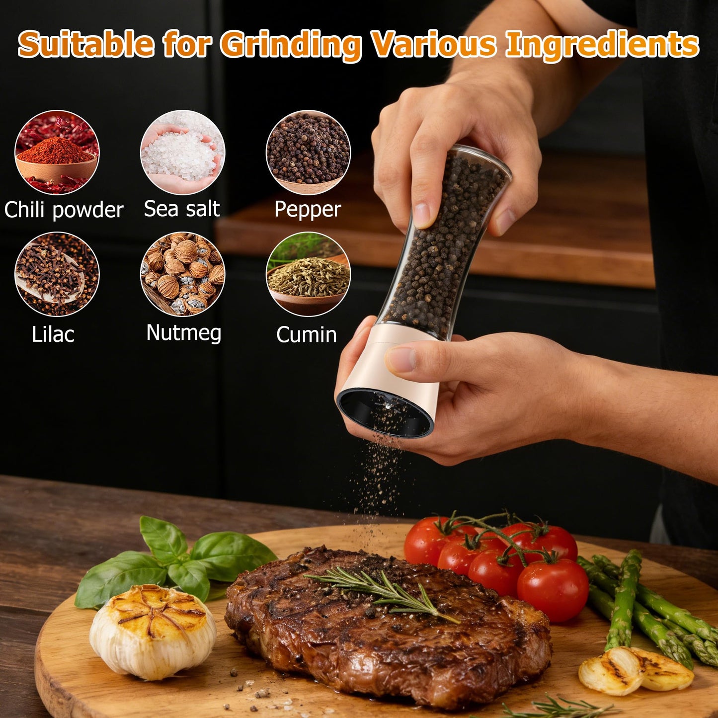 R DRURLCD Beige Salt and Pepper Grinder Set of 2，Refillable Adjustable Coarseness Stainless Steel, Pepper Mills W/Funnel- Kitchen Spice Mill