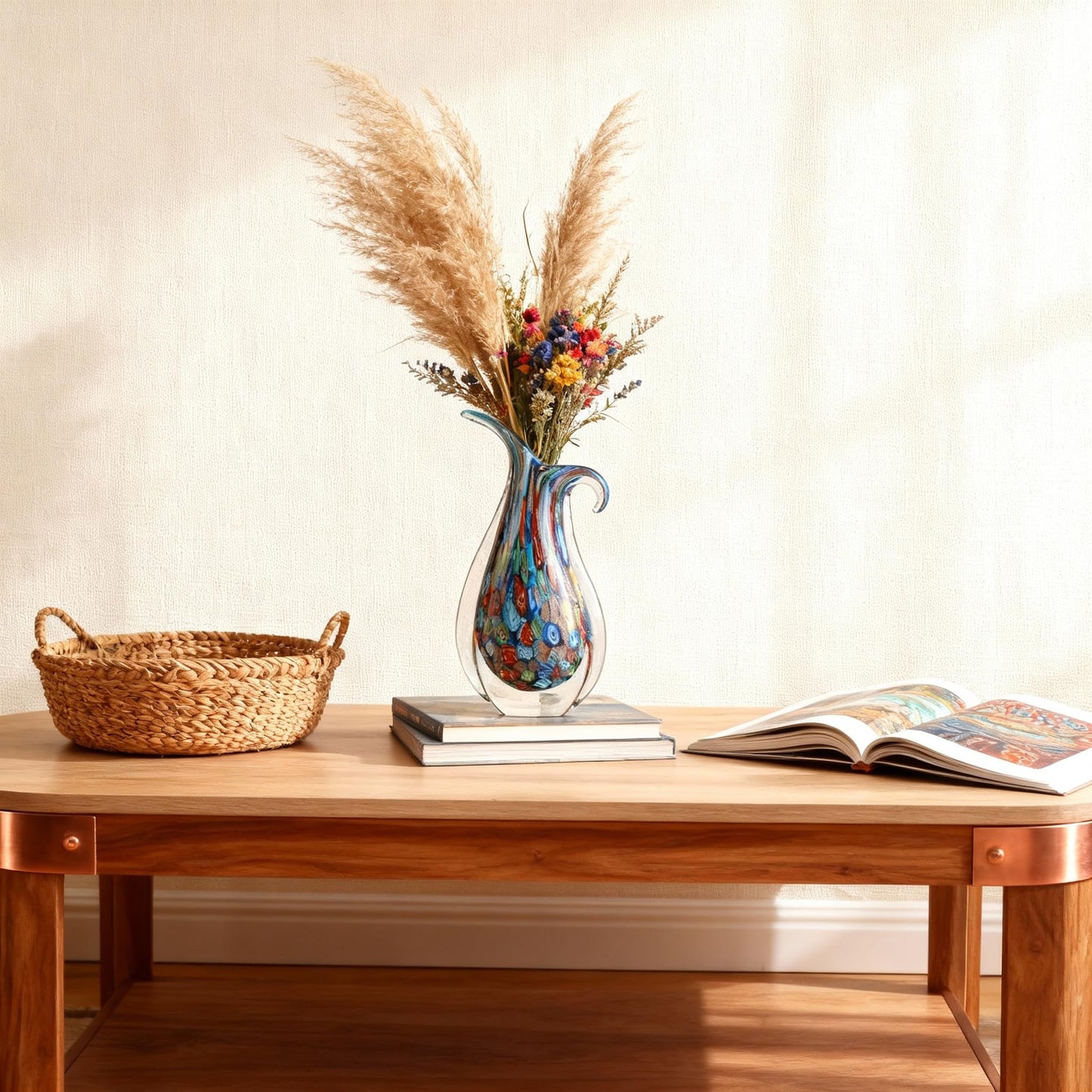 Blown Glass Painted vase, a Unique Murano-Style Glass Decorative Art Piece, Suitable for Living Room TV cabinets, Dining Table Arrangements, Offices, Rooms, and Tabletop Decorative Accents. (Blue)