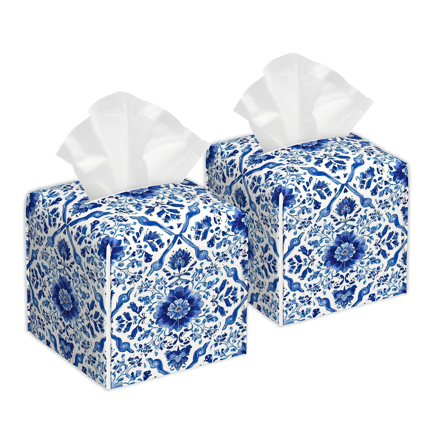 Blue White Ornament Tiles Tissue Box Cover Square Leather Tissue Case Holder Facial Paper Organizer Decorative for Tabletop Night Stands Desk Bathroom Kitchen Home Decor, 2Pack