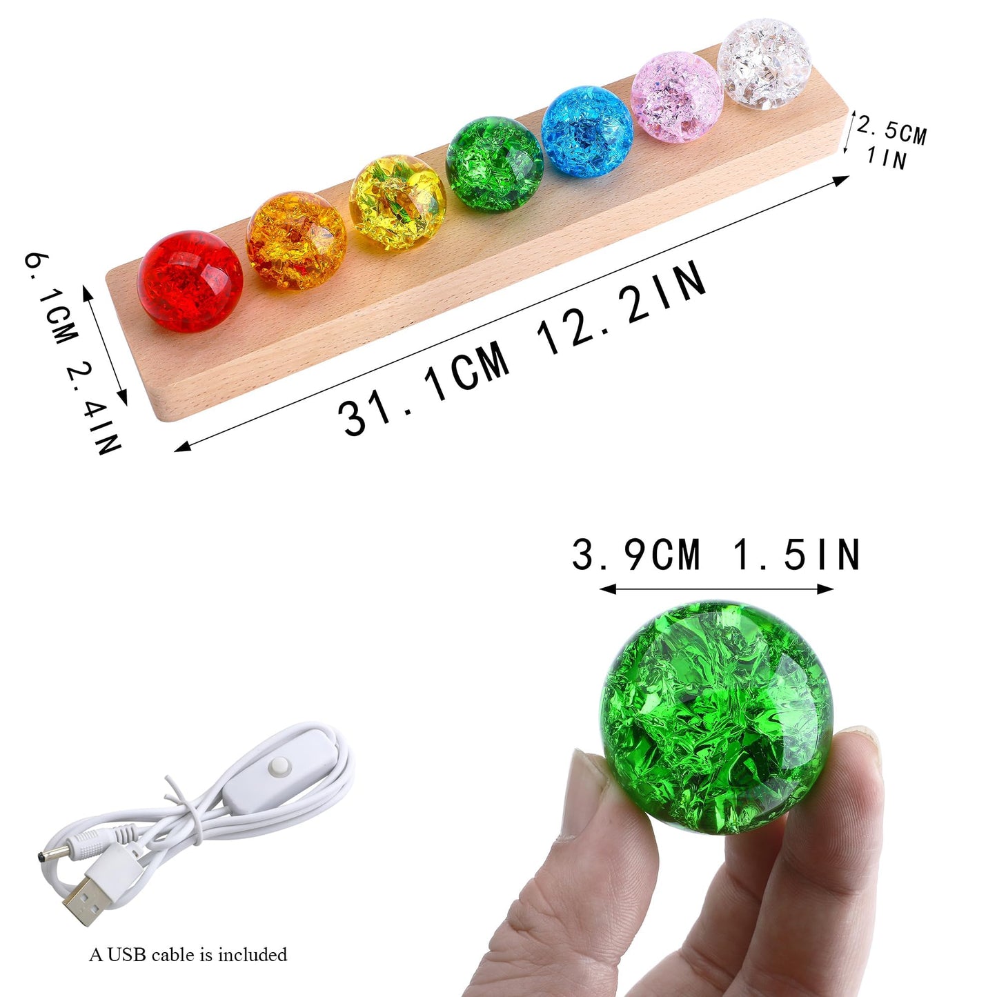 YU FENG 7 Chakra Crystal Ball Set with LED Wooden Stand, 40mm Rainbow Ice Crack Healing Spheres, Crystal Quartz Stones for Meditation, Positive Energy, Night Light and Home Decor
