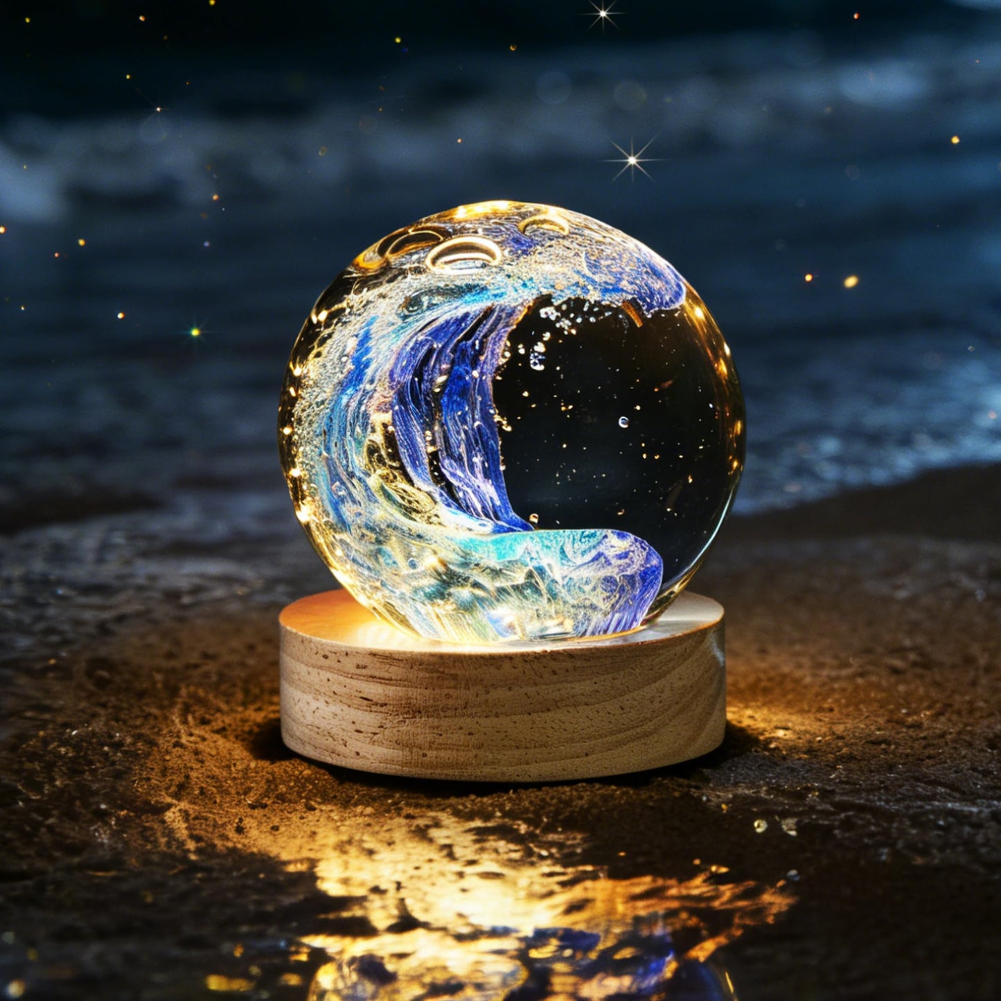 LOULIQIGIFT Hand Blown Glass Ocean Waves Ball 2.36in Crystal Ball with Wooden Light Base Sea Glass Art Beach Decor for Home Office Gifts for Ocean Lovers
