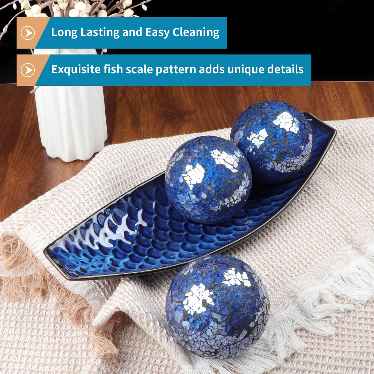 Sanbege 16" Large Ceramic Decorative Tray and 4" Glass Mosaic Balls Set of 4, Long Boat Shaped Centerpiece Bowl and Orbs Set for Home, Party Decor (Blue)