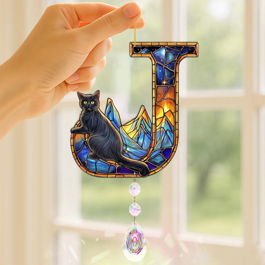 Suncatchers for Windows Hanging, Cat Starry Night Gifts for Women, Crystal Sun Catchers Indoor Window Rainbow Maker. Black Cat Lover Gifts for Women Personalized - Letter J