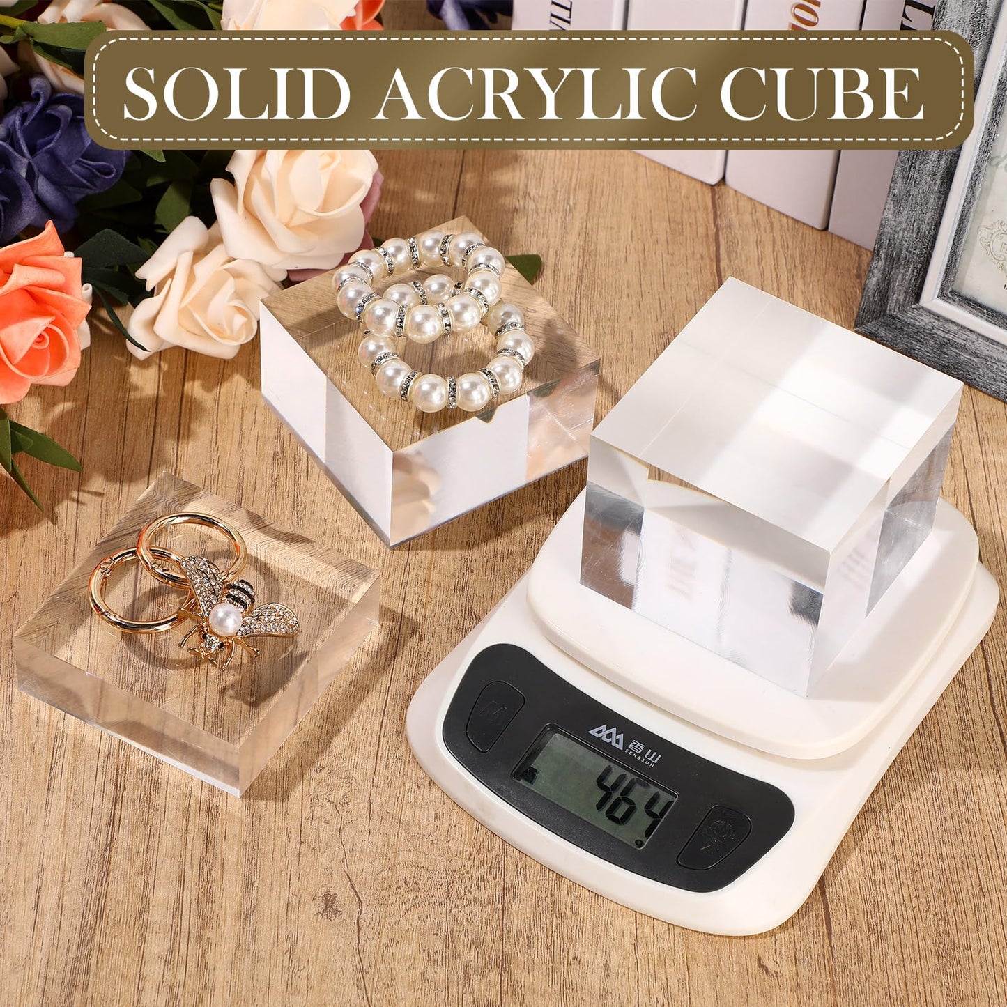 Geelin 9 Pcs Acrylic Risers Stand Display Block Decor Riser 3 Size Decor Clear Polished Cube Solid Pedestal Stand for Jewelry Perfume Photography Collection Food Doll Wedding High Density (Square)