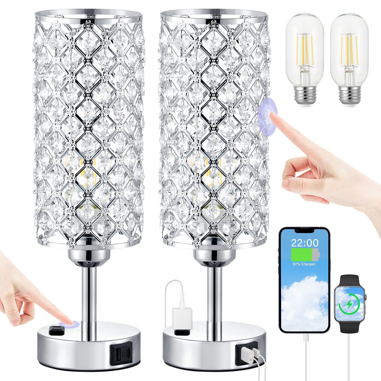 Hong-in Crystal Lamp Touch Control Set of 2, Sliver Crystal Table Lamps with USB C+A Ports & AC Outlet, 3-Way Dimmable Nightstand Touch Lamp, Modern Bedside Table Lamp for Bedroom(Bulbs Included)