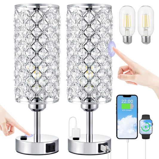 Hong-in Crystal Lamp Touch Control Set of 2, Sliver Crystal Table Lamps with USB C+A Ports & AC Outlet, 3-Way Dimmable Nightstand Touch Lamp, Modern Bedside Table Lamp for Bedroom(Bulbs Included)