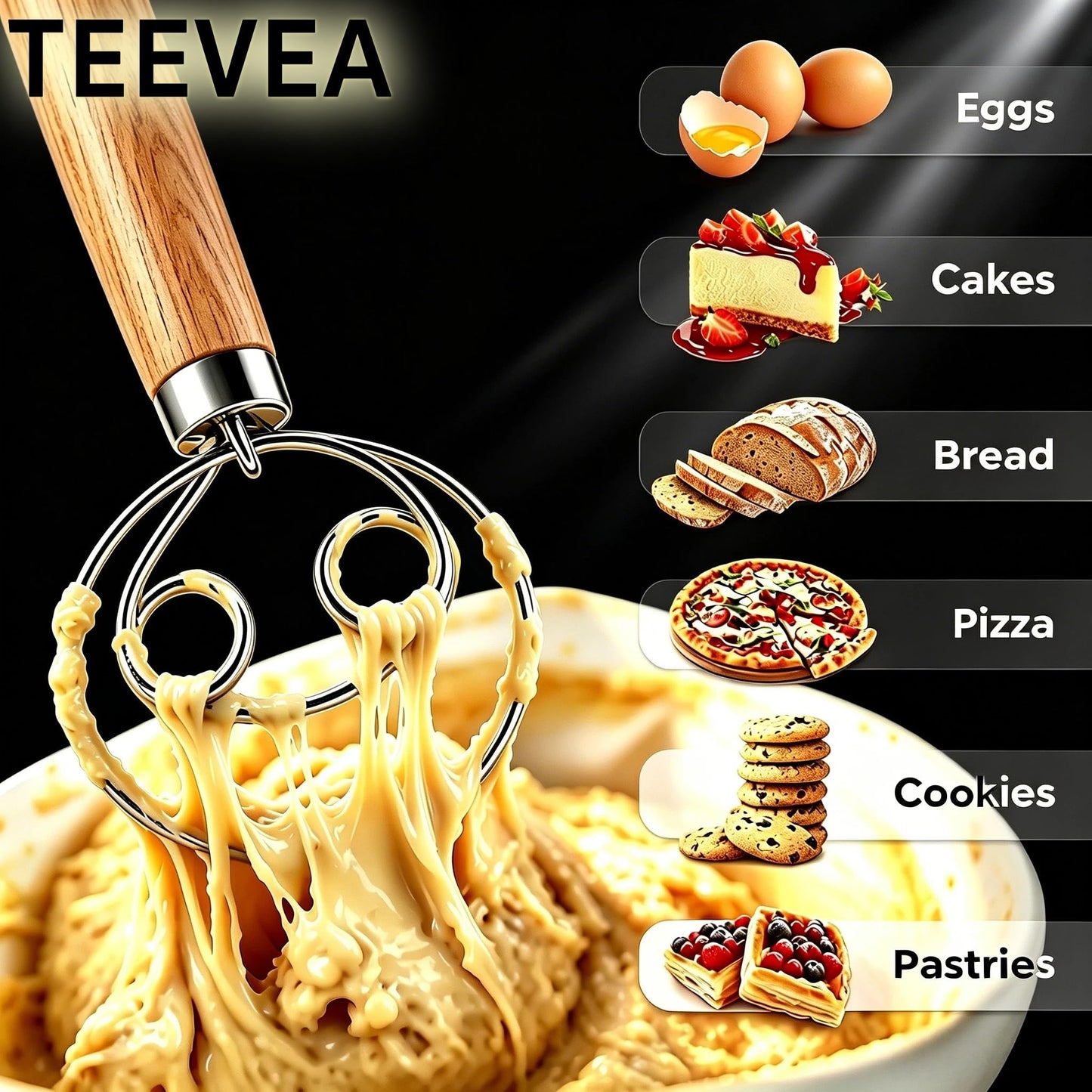 TEEVEA Danish Dough Whisk Stainless Steel Wooden Handle for Sourdough Bread