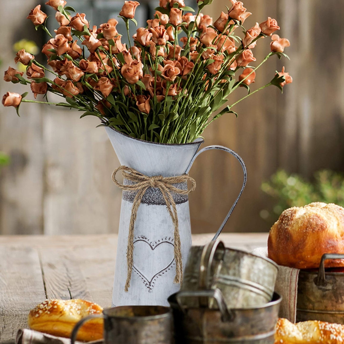 Soyizom French Country Style Vase Primitive Jug, Rustic Decor Flower Vase Shabby Chic Milk Jug Can Tin Pot Metal Farmhouse Pitcher Vase for Wedding Party Christmas Decoration，11" Pitcher