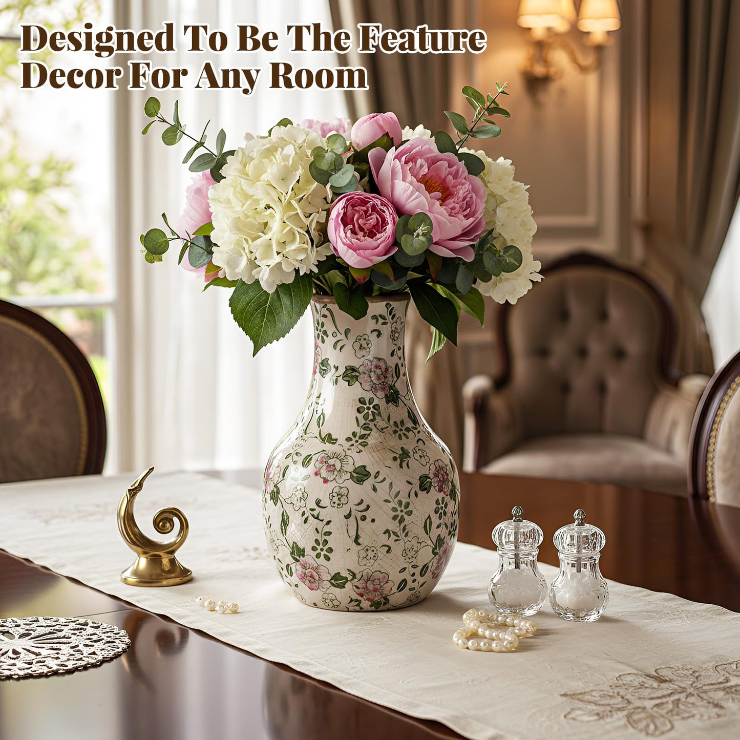 LemonRoad Vintage Ceramic Flower Vase 5.7 Inch Chinoiserie Ice Cracked Glaze Porcelain Vase Rustic Ceramic Large Centerpieces for Home Table Living Room Bookshelf Office(Plum Blossom Style)