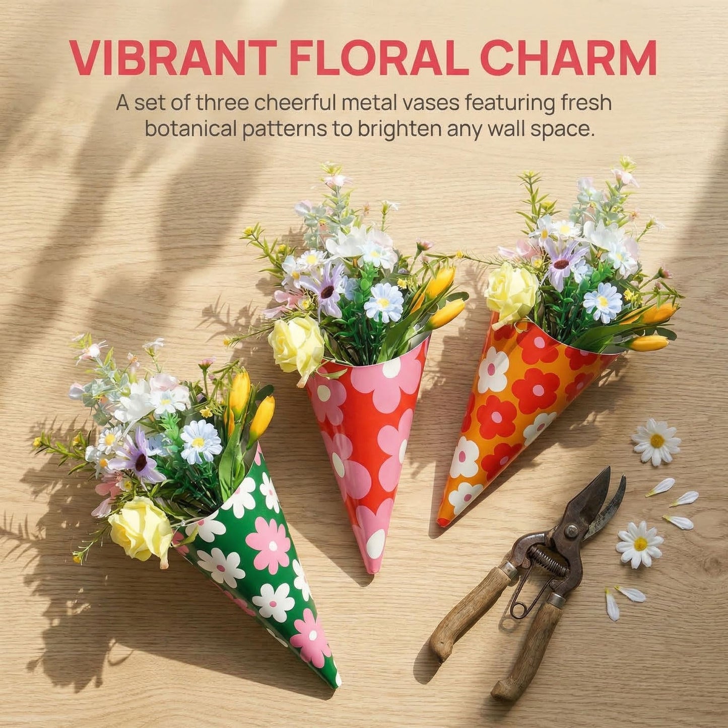 AIM & GGKK Floral Wall Vases - Set of 3 Flower Pattern Metal Wall Flower Vases for for Modern Home Decor, Entryway, Hallway, Bathroom, Living Room, Dining Room, Narrow Spaces