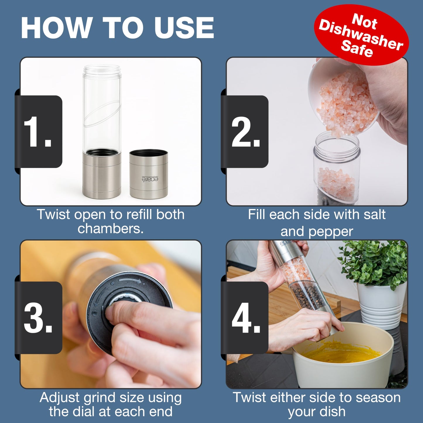 Eparé 2 in 1 Salt and Pepper Grinder Combo – Dual Space Saving for Kitchen & Dining - Manual Stainless Steel Salt and Pepper Grinder in One