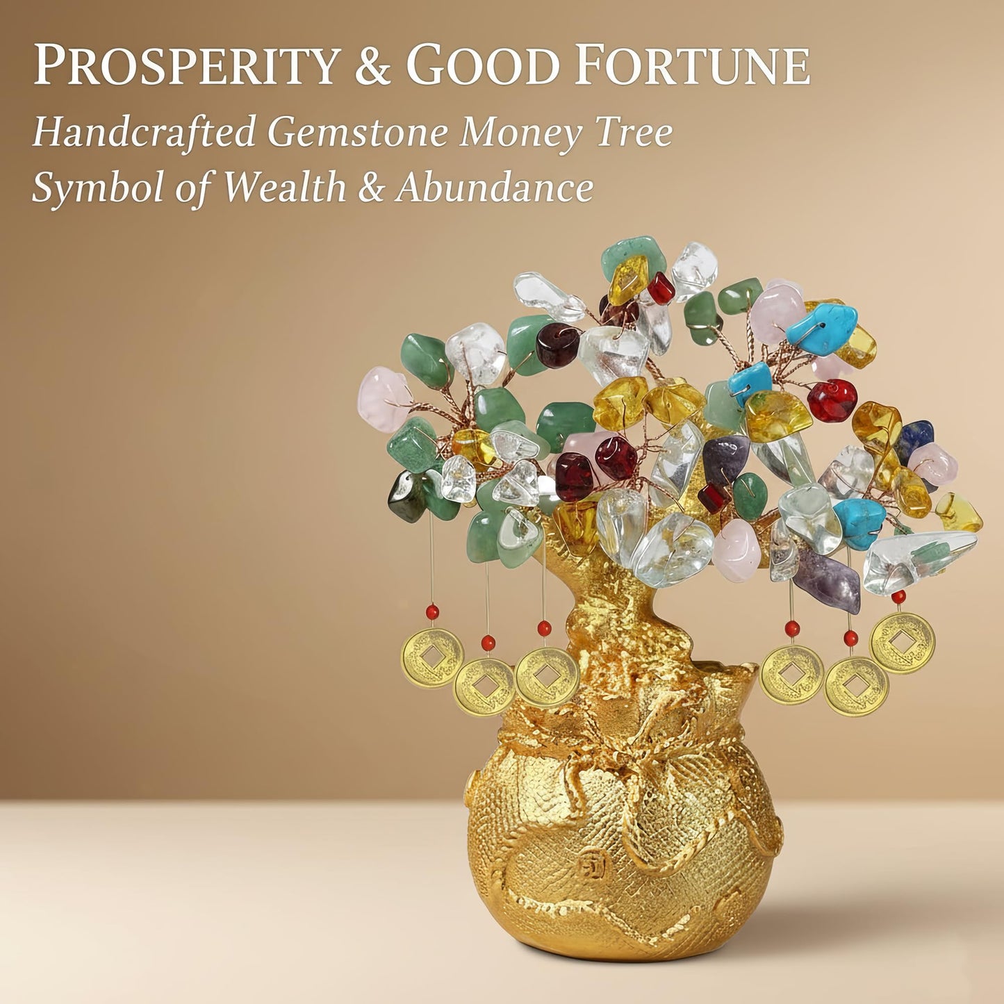 LinkWheres 7 Chakra Crystal Money Tree - Tree of Life Feng Shui Wealth Decor - Golden Money Bag Bonsai - Multi Gemstone Lucky Statue for Home Office (5.5 Inch)