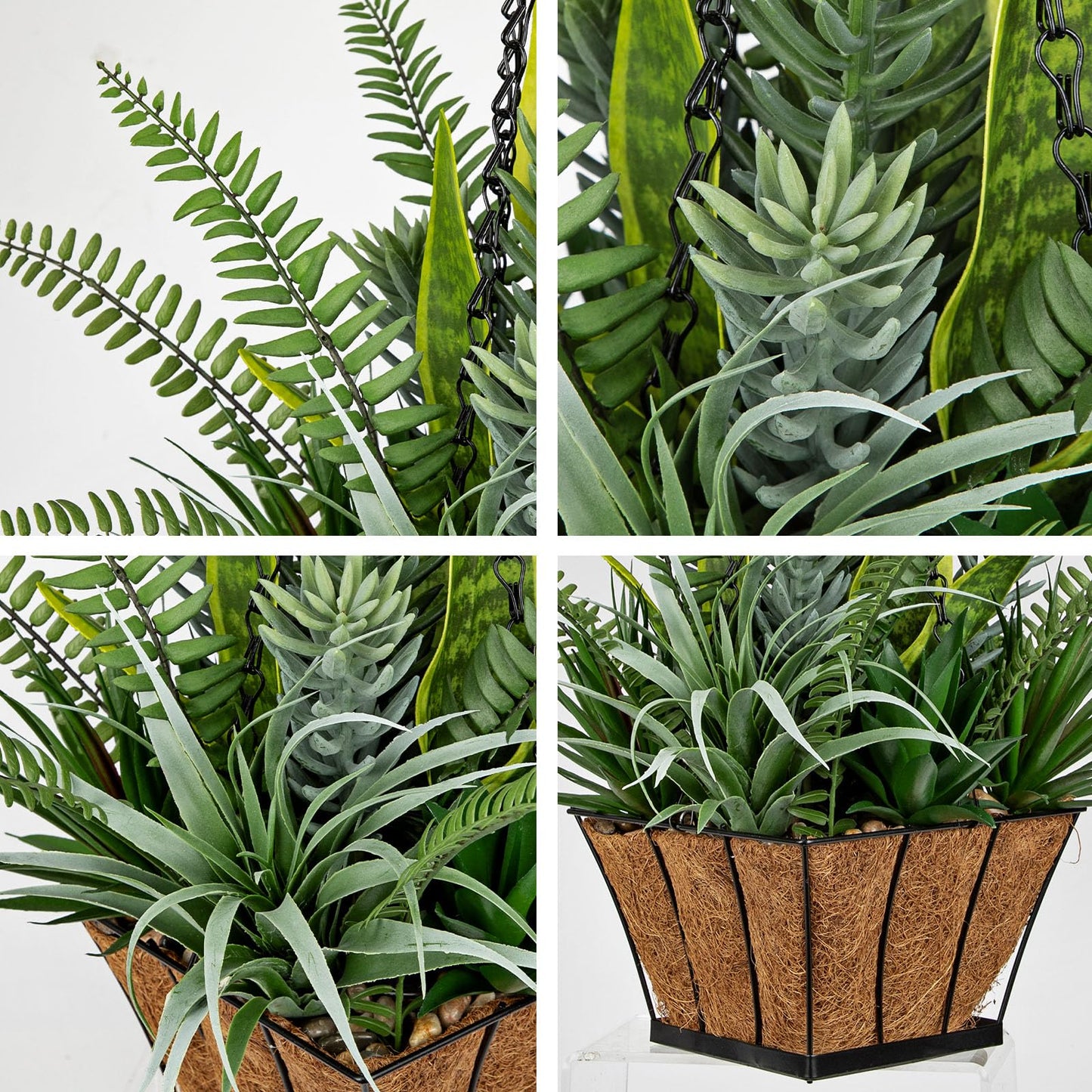 DILATATA Artificial Hanging Plants Basket, Faux Snake Plants Fern Succulent Mix with Coconut Fiber Liner, Fake Hanging Plant with Chain Hook for Indoor Outdoor Porch Patio Balcony Home Décor