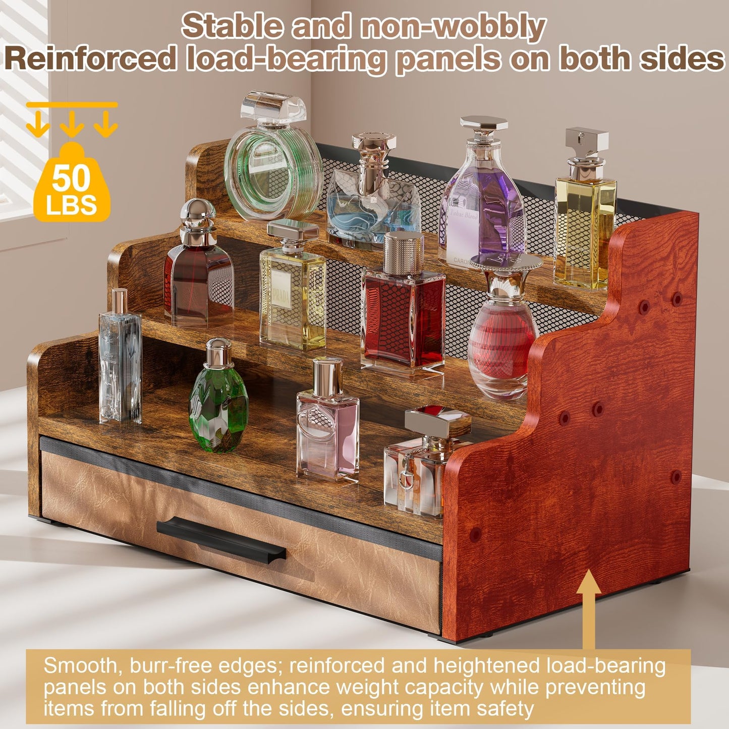 Yuzehuaza 3 Tier Cologne Stand with Drawer, Wooden Cologne Organizer for Men/Women, Retro Perfume Stand Organizers, Display Riser Shelf Holder for Skincare and Makeup Organizers, Rustic Brown